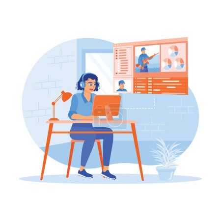 Female video editor using headphones in creative office loft. Editing recorded film using software on a computer. Video Editor concept. Trend Modern vector flat illustration