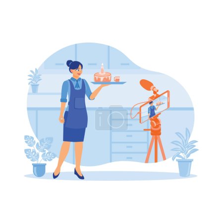 Illustration for A young female vlogger is making cakes in the kitchen. Vloggers record and show the cooking results in front of a camera mounted on a tripod. Content Creator concept. Trend Modern vector flat illustration - Royalty Free Image