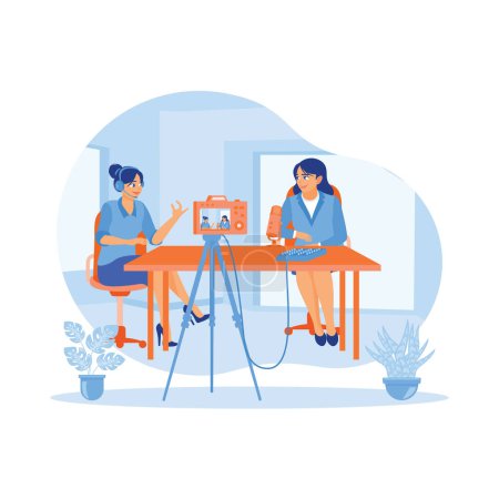 Content creator interviews female vloggers in a home studio. Record vlogs using a digital camera and broadcast live on social media. Content Creator concept. Trend Modern vector flat illustration