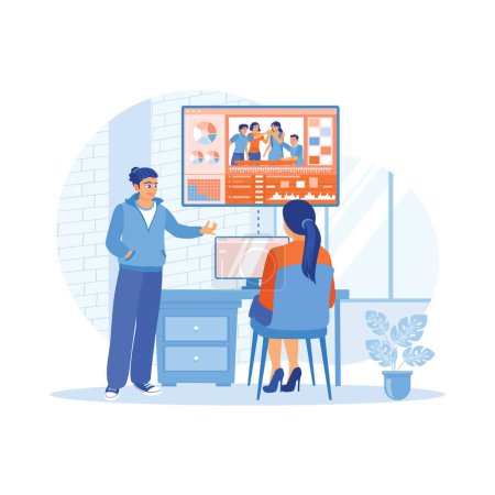 Male producer talking to female video editor in office. Working at the computer and editing videos with color correction of documentary videos. Video Editor concept. Trend Modern vector flat illustration