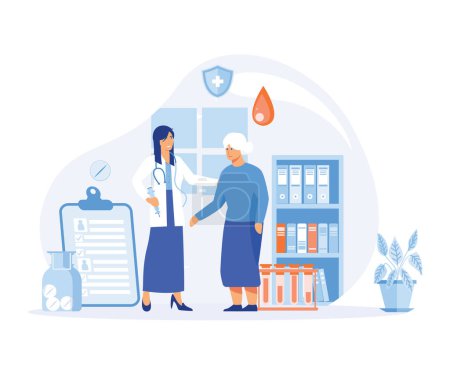 Diabetes control and healthcare concept. Doctor checking blood sugar level in an elderly man. flat vector modern illustration