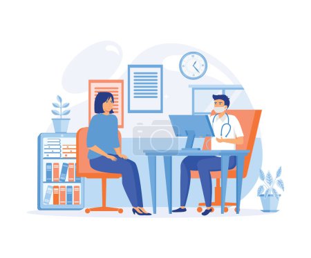 Doctor in mask consulting female patient. Physycian sitting at the desk with monitor. Family therapist, health care, clinic workspace concept. flat vector modern illustration