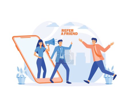 Man and Women get out of the smart phone with megaphones to Business partnership strategy, affiliate marketing. flat vector modern illustration
