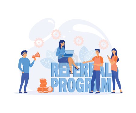 Friend sharing refer. People near megaphone with Referral program word concept. flat vector modern illustration