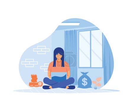 Passives Einkommenskonzept. Junge Frau, die mit Geld vor dem Laptop arbeitet. flacher Vektor moderne Illustration