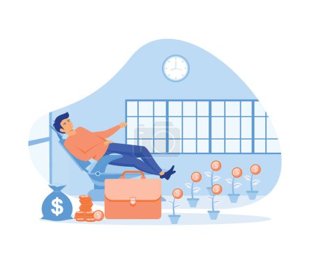 Passive income, salary and profits concept, a man relaxes waiting for the money to enter his dollar bag. flat vector modern illustration
