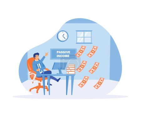 Passive income. A man relaxes in front of a computer to earn money. flat vector modern illustration