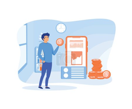 Illustration for Financial education concept. Male accountant presents projects, analyzes statistics and manages money. flat vector modern illustration - Royalty Free Image