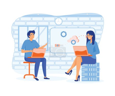 Cloud computing concept. Man and woman processing information at laptops using cloud technology, data storage and backup. flat vector modern illustration