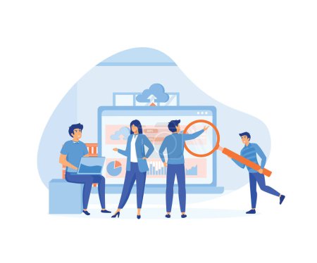 Concept of business technology services and data center storage servers connected in cloud with administrator and developer team working on dashboard monitor concept. flat vector modern illustration