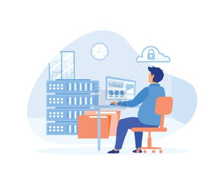 Illustration for Flat vector business technology storage and cloud server service concept with administrator and developer teamwork concept. flat vector modern illustration - Royalty Free Image