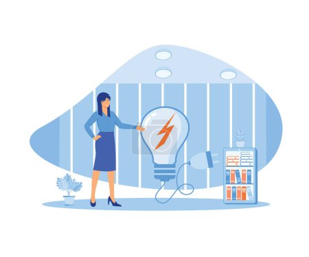 Téléchargez les illustrations : Femme utilisant un dispositif d'économie d'énergie électrique. illustration moderne vectorielle plate - en licence libre de droit