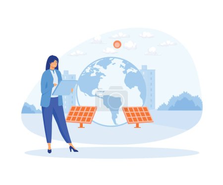 Femme utilisant de l'électricité verte, des éoliennes et des panneaux solaires. illustration moderne vectorielle plate