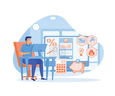 Man checking and paying utility bills online on his computer, he is checking the statement and saving money. flat vector modern illustration
