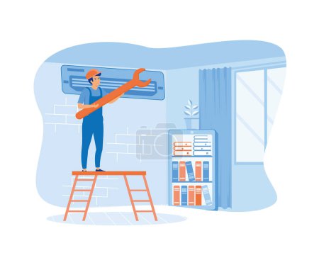 Illustration for Man repairs and installs AC with Unit Breakdown, Maintenance Services, Cooling Systems. flat vector modern illustration - Royalty Free Image