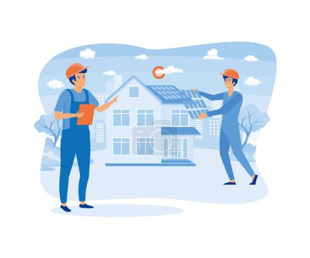 Dachdecker bauen Reparaturen und sanieren Hausdächer. flacher Vektor moderne Illustration