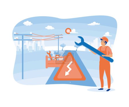 Home maintenance and repair metaphor. a man is repairing electricity on the side of the highway. flat vector modern illustration