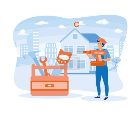 Illustration for Man with work tools accepts carpenters services. flat vector modern illustration - Royalty Free Image
