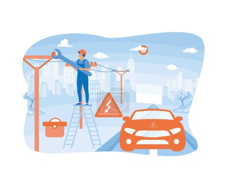Ilustración de Un hombre parado en escalones cerca de un coche reparando electricidad. vector plano ilustración moderna - Imagen libre de derechos