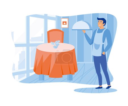 Concepto de trabajo hotelero. El camarero masculino del hotel trae un plato para servir un banquete a los huéspedes del hotel. vector plano ilustración moderna