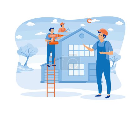 Illustration for House Renovation. Workers repairing roof. Construction group, roofers, foreman. flat vector modern illustration - Royalty Free Image