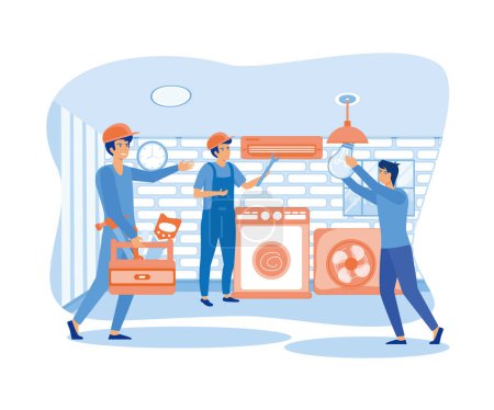 Happy servicemen repairing machines at home. Electrician, mechanic or repairer at work. flat vector modern illustration