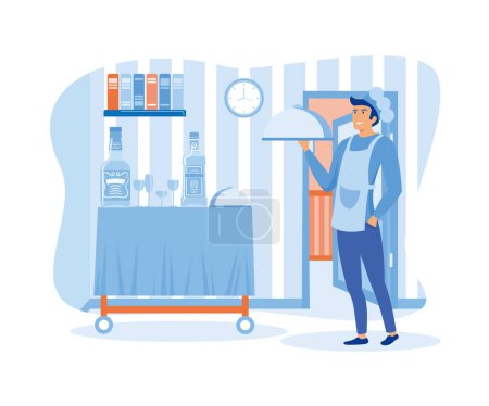 Male hotel keeper in uniform cleaning rooms and delivering food. flat vector modern illustration