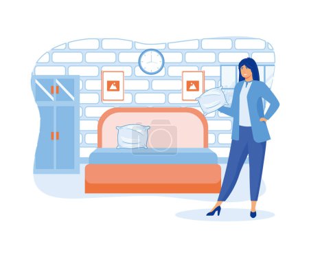 Trabajos en hoteles. Camarera en uniforme haciendo cama en la habitación. vector plano ilustración moderna