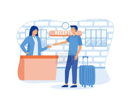 Hotel service check-in at the reception, and get the room key. flat vector modern illustration