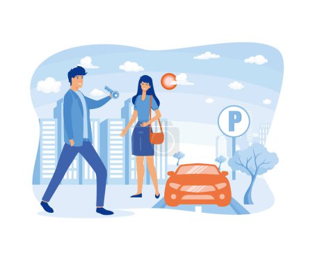 Illustration for Hotel valet parking worker gets keys from client's car. flat vector modern illustration - Royalty Free Image