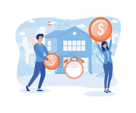 Vector of young couple investing money in real estate. Bank loan and savings concept. flat vector modern illustration