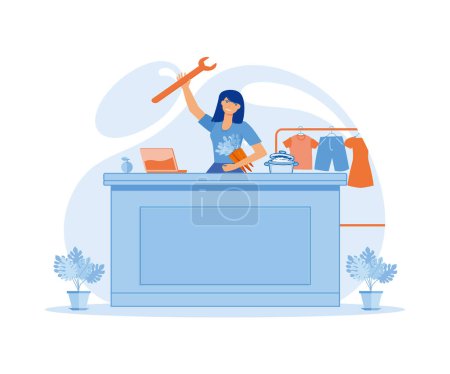 Une femme qui gère l'équilibre entre la vie familiale, les travaux ménagers et la carrière professionnelle. illustration moderne vectorielle plate