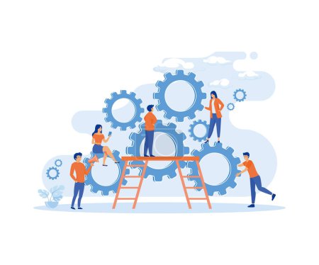 Business organization men and women with teamwork mechanism circle gear vector concept illustration. flat vector modern illustration