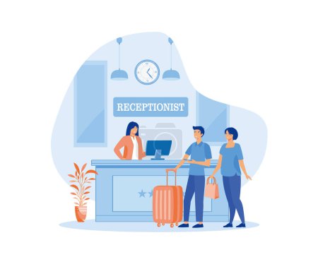 A couple of tourists or travelers standing at the reception desk and talking to the receptionist. flat vector modern illustration