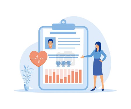 Tablet with patient photo, cardiogram and health indicators for monitoring. Concept of medical record, history or profile, information for diagnostics. flat vector modern illustration