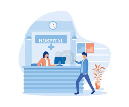 Hospital reception. Man walking to a hospital reception where he is greeted by a smiling young woman. flat vector modern illustration