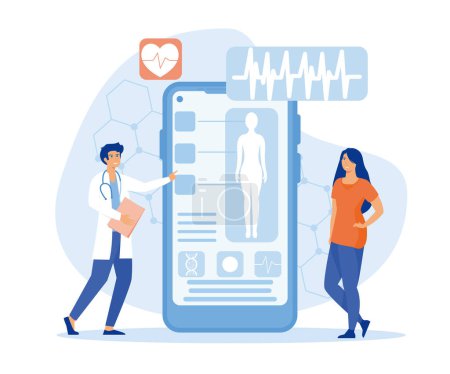 Doctor examining patient using medical application on smart phone, online medical consultation and technology concept. flat vector modern illustration