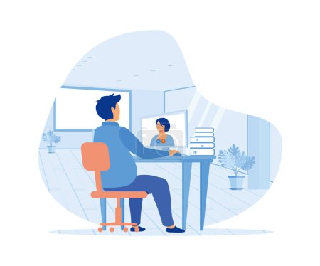Online interview. Man talking to a young woman on a video call on his computer. flat vector modern illustration