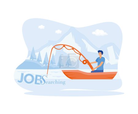 Fisherman catching, Job word on a fishing hook. flat vector modern illustration