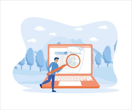 Unemployment person hold magnifying glass to look at job description hard copy which come out of laptop screen. flat vector modern illustration