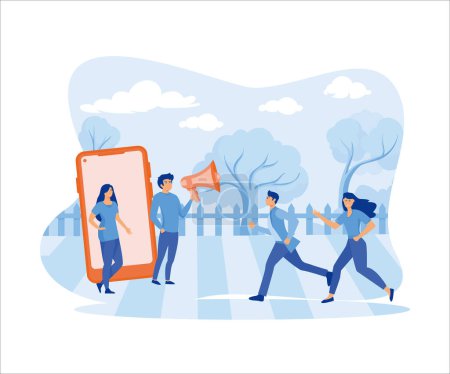 Mann und Frau steigen mit Megaphonen aus dem Smartphone, um einen Freund zu vermitteln. flacher Vektor moderne Illustration