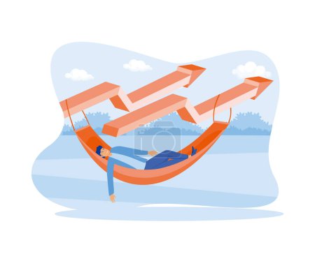 Illustration for Invest in mutual funds or other assets. Dividend yielding stocks. Businessman investor relaxing and sleeping in cradle and growing graph. flat vector modern illustration - Royalty Free Image