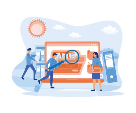 People taking documents from shelves, using magnifying glass and searching files in electronic database. flat vector modern illustration