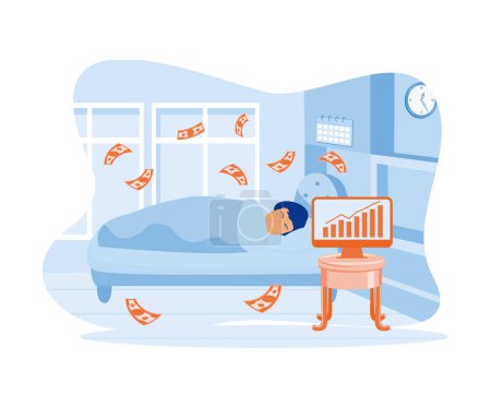 Businessman relaxing waiting for money to come into his dollar coins. Passive income and salary. flat vector modern illustration