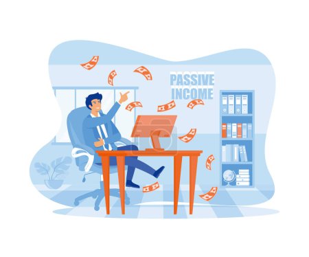 Ingresos pasivos, Hombre relajándose frente a la computadora mientras llueve el dinero, Libertad financiera. vector plano ilustración moderna