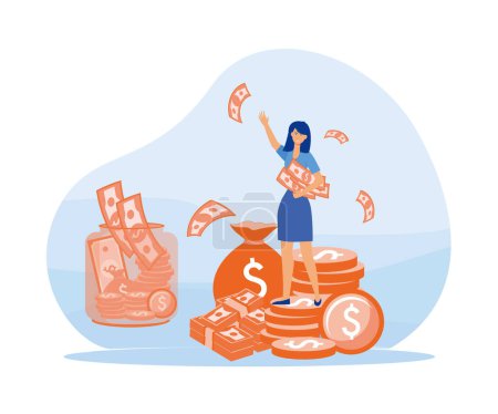 Salary Payment. Woman worker are happy receive a monthly salary, active income. flat vector modern illustration
