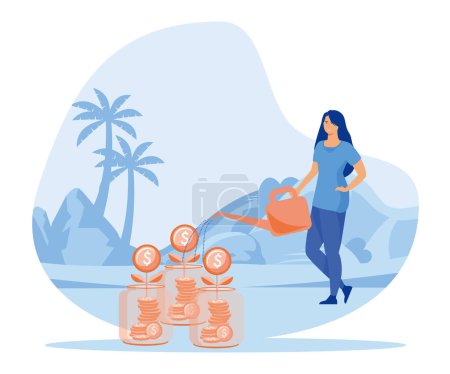 Financial literacy concept. Woman who is watering the money plant invests her money in self development. Flat vector modern illustration