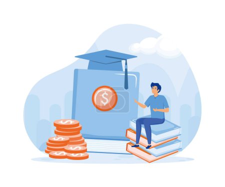 Educación financiera. Estudiante que invierte dinero en educación y conocimiento. vector plano ilustración moderna