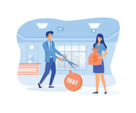 Businessman helps girl get out of debt. Man cuts chain with weights with big scissors. Guy helps debtors to solve financial problems. flat vector modern illustration