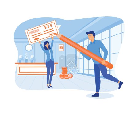 Girl Brings Big Salary, Man with Ink Pen for Signing. Prize Money, Lottery, People Getting Cash Payout by Check. flat vector modern illustration